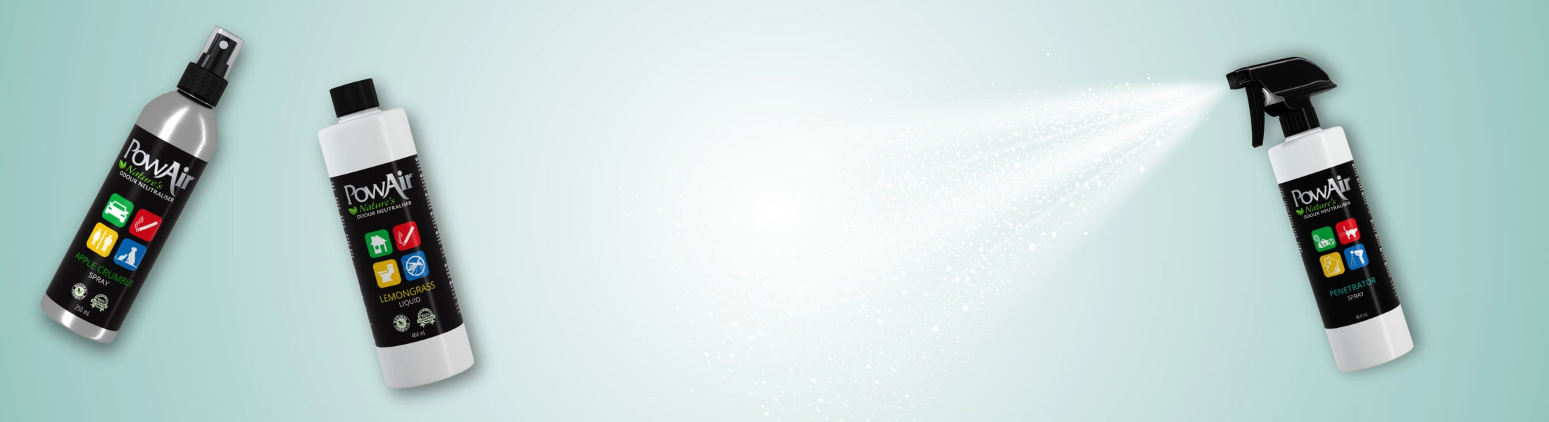 PowAir Produkte für saubere Räume – Raumspray, Gel und Block neutralisieren unangenehme Gerüche