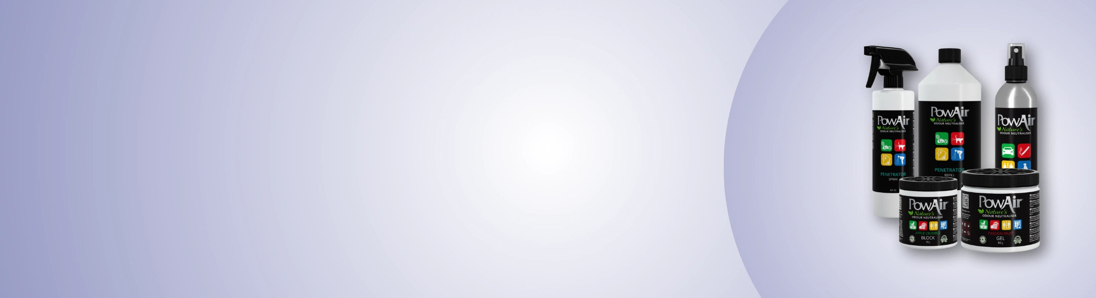 PowAir Produktbanner – Raumspray, Gel und Block für effektive Geruchsneutralisation in Räumen