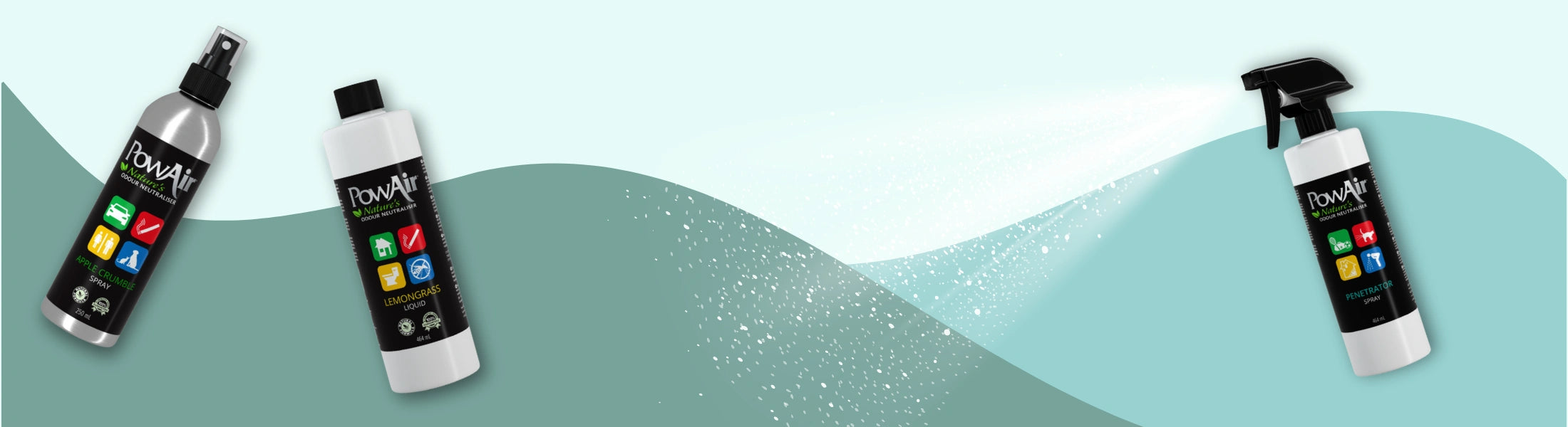 PowAir Produktbanner – Raumsprays, Gels und Blöcke für frische Räume
