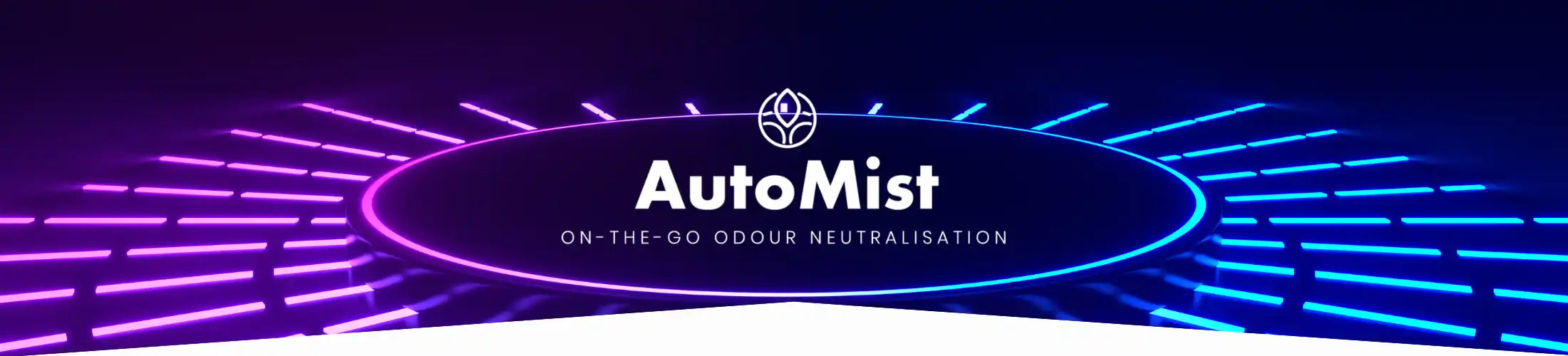 Atmosphärisches Header-Banner mit dem Logo von AutoMist und dem Text 'On-the-go Odour Neutralisation', eingerahmt von einem leuchtenden, violett-blauen Neon-Ring