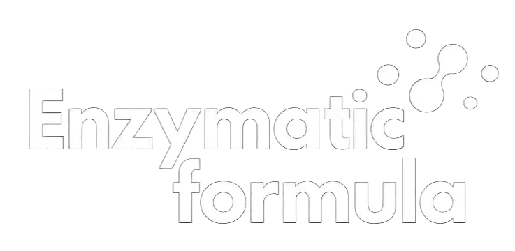 Grafisches Badge mit dem Text 'Enzymatic formula' und einem abstrahierten Molekül-Symbol als Icon