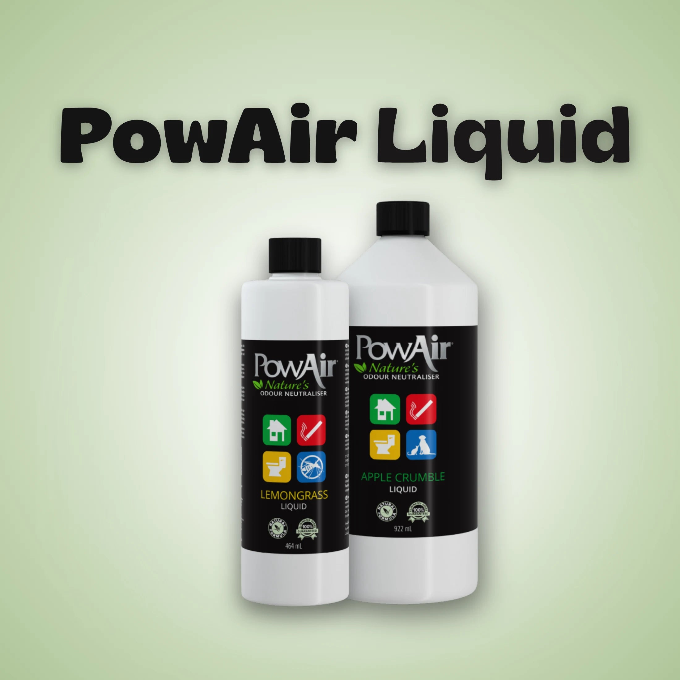 Zwei Flaschen PowAir Liquid in unterschiedlichen Größen