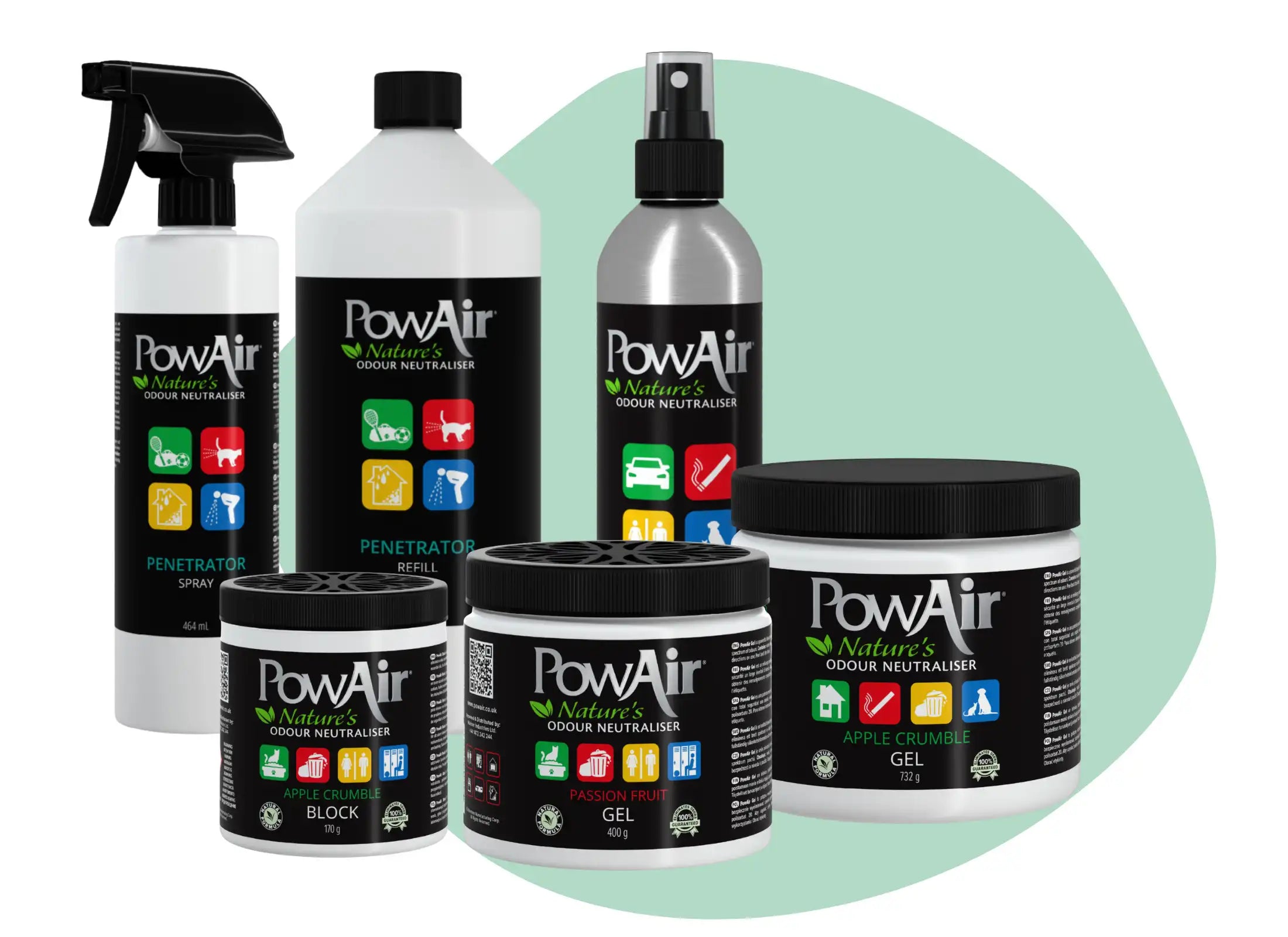 Verschiedene PowAir Produkte wie Sprays, Gele und Blöcke zur Geruchsneutralisierung in einer Übersicht