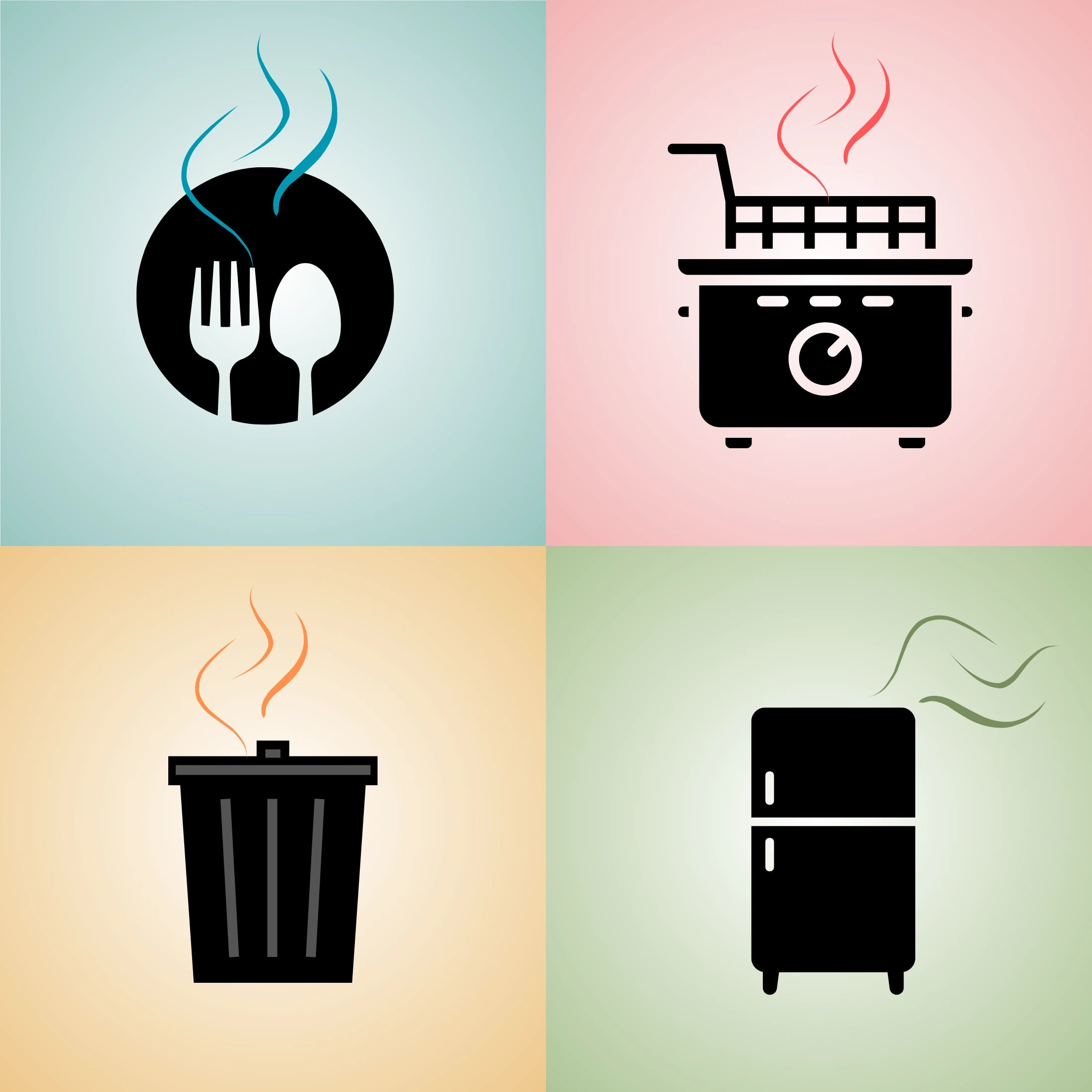 Vier Symbole in einem quadratischen Bild, die typische Geruchsquellen darstellen: Essen (Gabel/Löffel), Fritteuse, Mülleimer und Kühlschrank