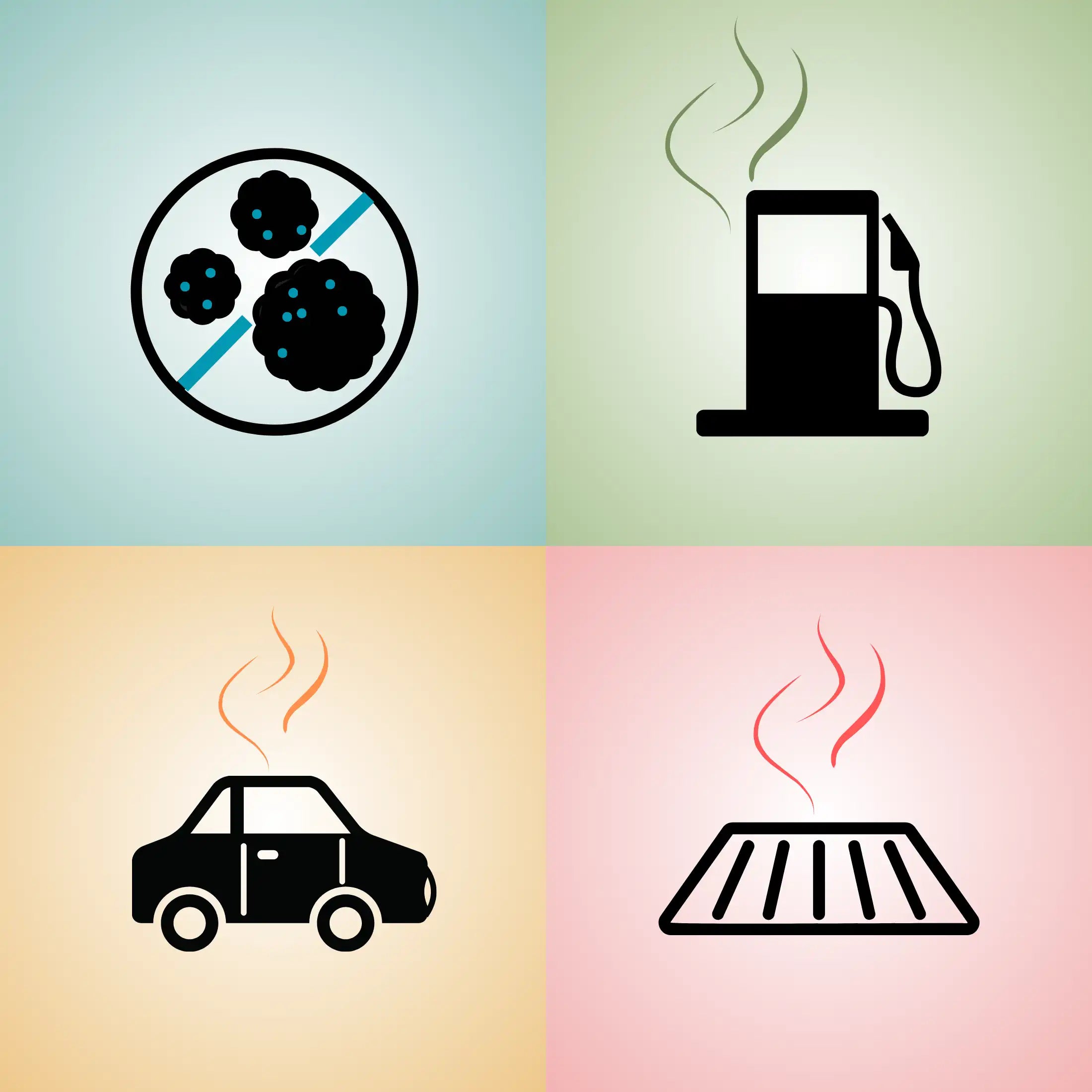 Vier Symbole in einem quadratischen Bild: Bakterienverbot, Zapfsäule, Auto und ein Abflussgitter als weitere potenzielle Geruchsquellen