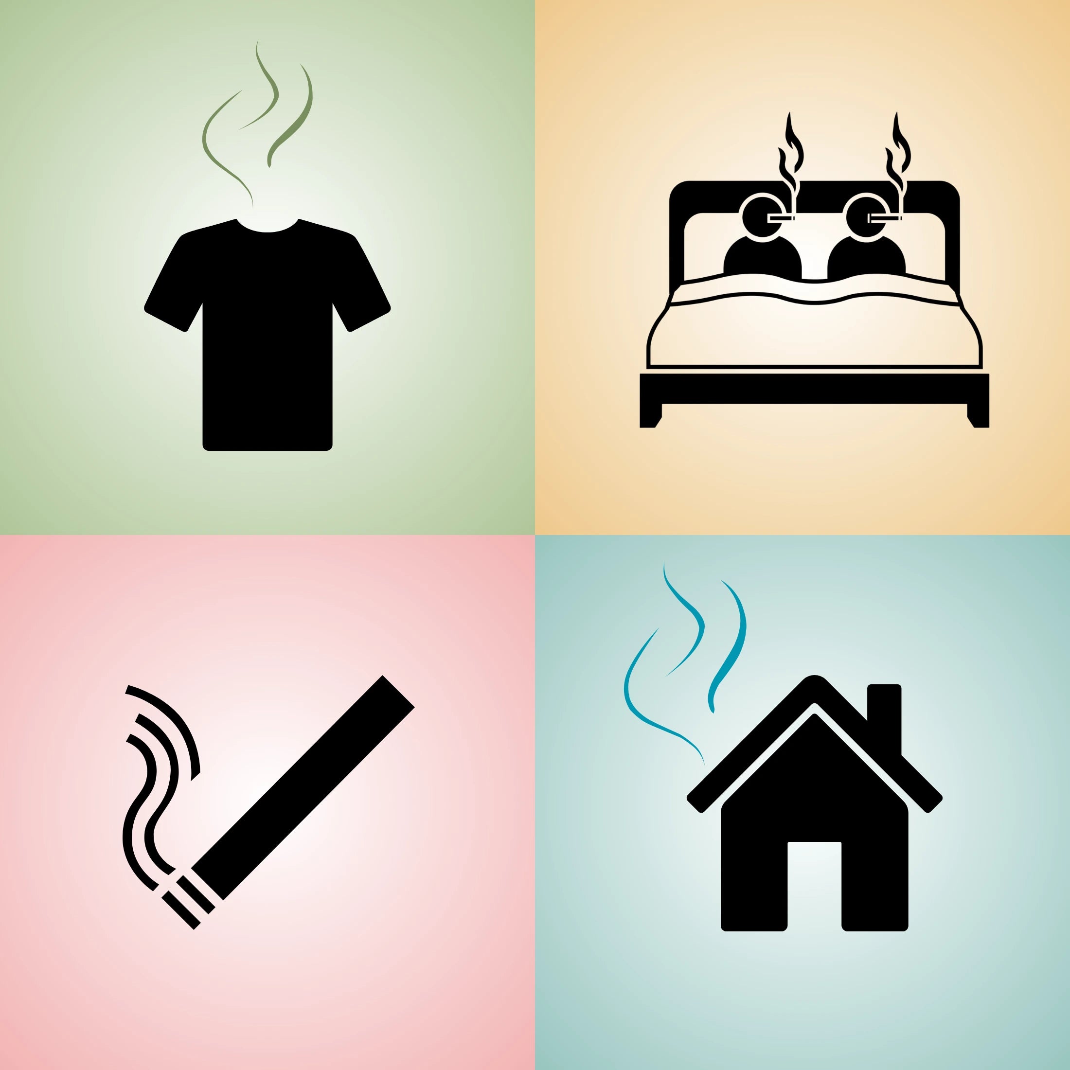 Vier Symbole in einem quadratischen Bild, die verschiedene Ursachen für Rauch- oder Ausdunstungsgerüche darstellen: Kleidung, Personen im Bett, eine Zigarette und ein Haus