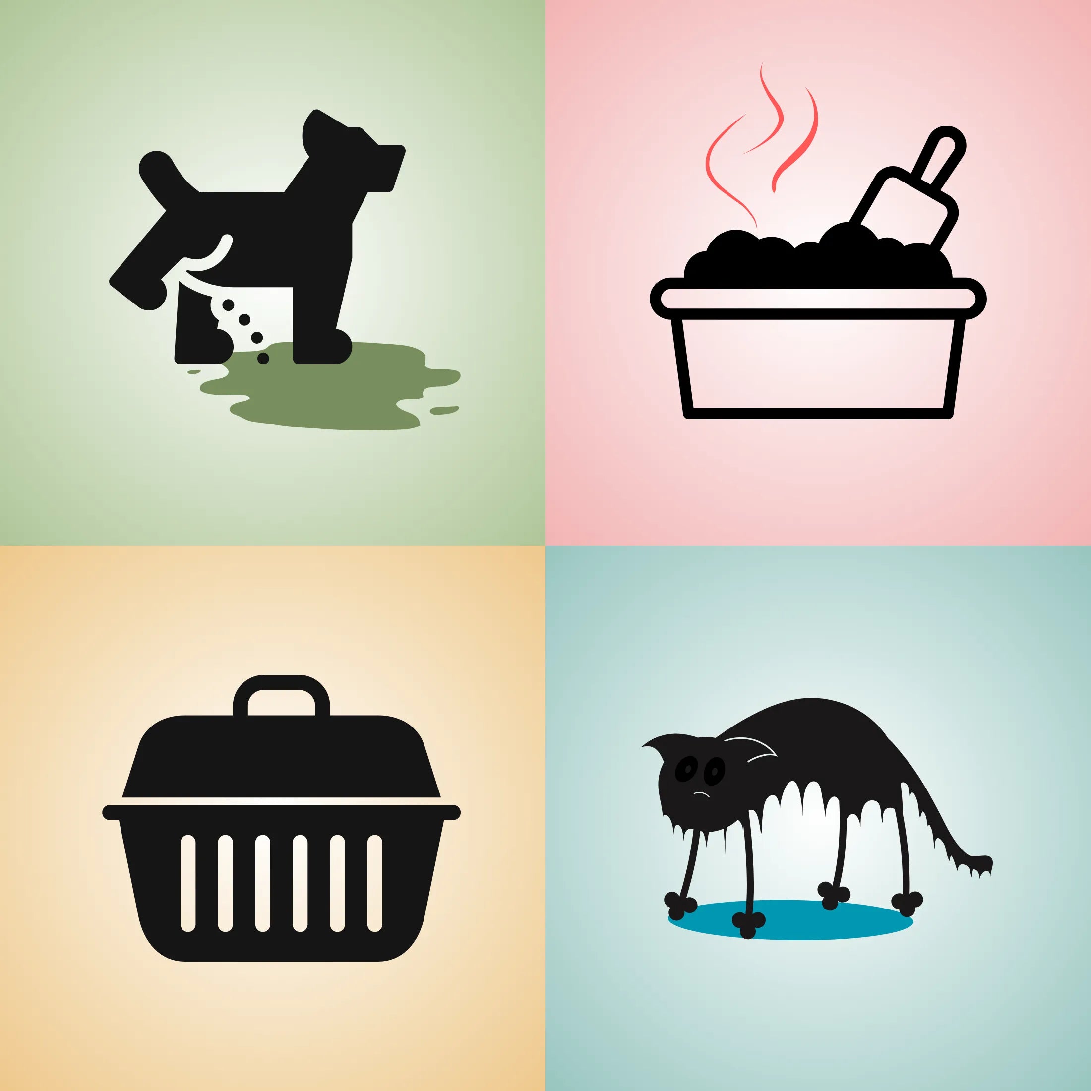 Vier Symbole in einem quadratischen Bild: Hund, Katzentoilette, Transportbox und Katze als typische Haustier-Geruchsquellen