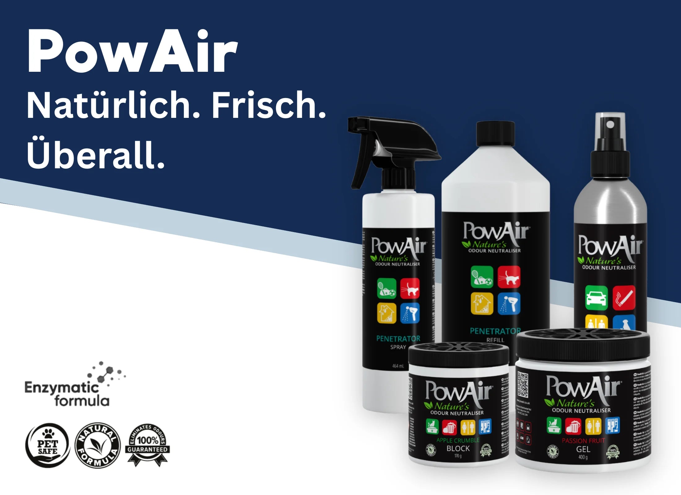 PowAir Produkte für Geschäftskunden – Raumspray, Gel und Block zur Geruchsneutralisierung