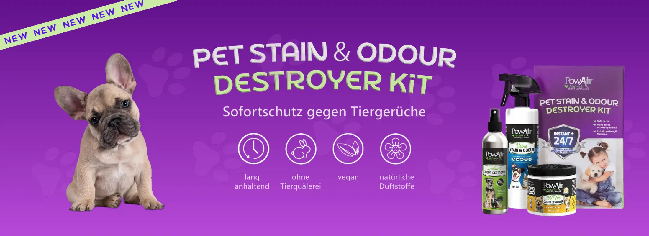 Werbegrafik für ein Set zur Entfernung von Tierflecken und -gerüchen mit einem French-Bulldog-Welpen, vier verschiedenen PowAir-Produktflaschen sowie Piktogrammen für vegane und natürliche Inhaltsstoffe vor lilafarbenem Hintergrund