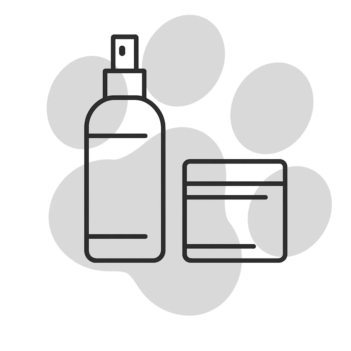 Strichzeichnung eines Sprühflaschen-Icons neben einem Tiegel-Icon, vor einem dezenten, hellgrauen Hintergrund mit Pfotenabdruck-Motiv