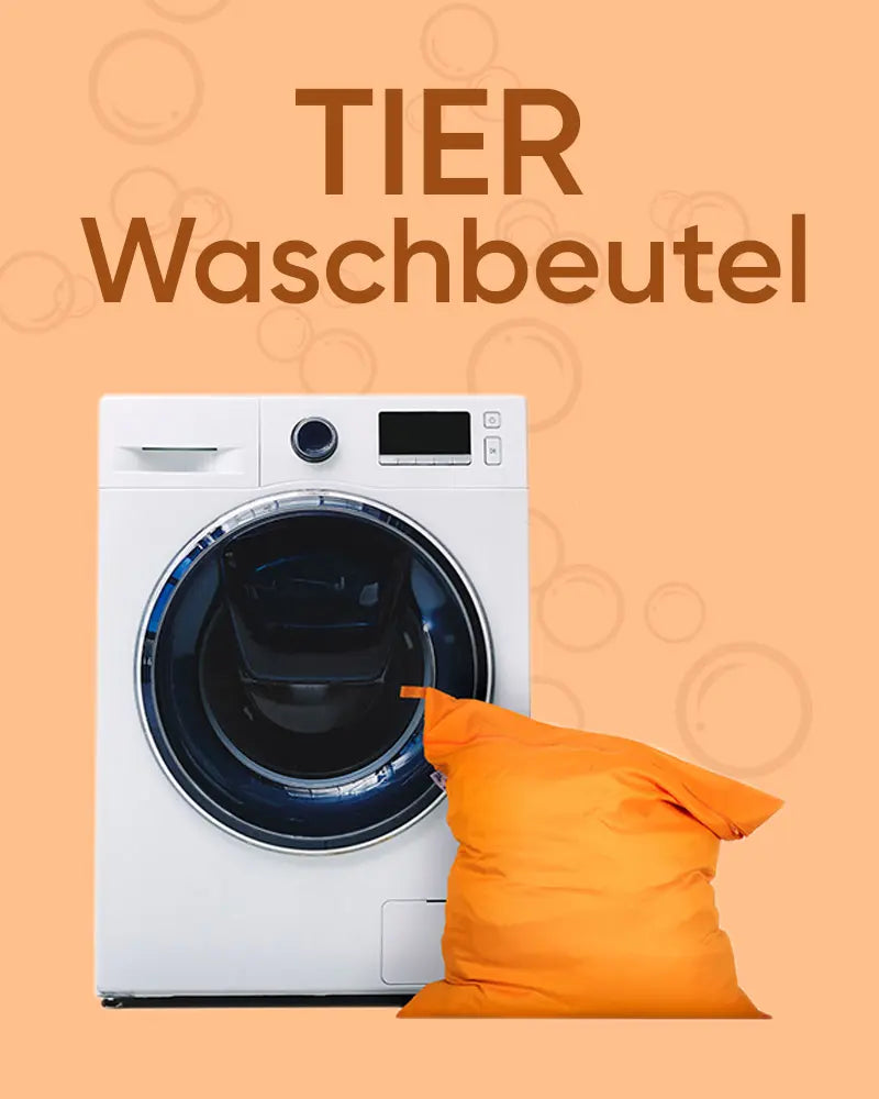 Waschmaschine mit orangefarbenem Waschbeutel; zur Produktübersicht unserer speziellen Waschbeutel für Tierbedarf